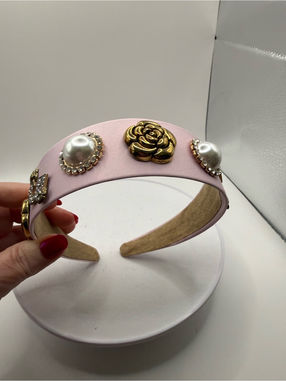 Pink Embellished Pearl & Gold Flower Headband